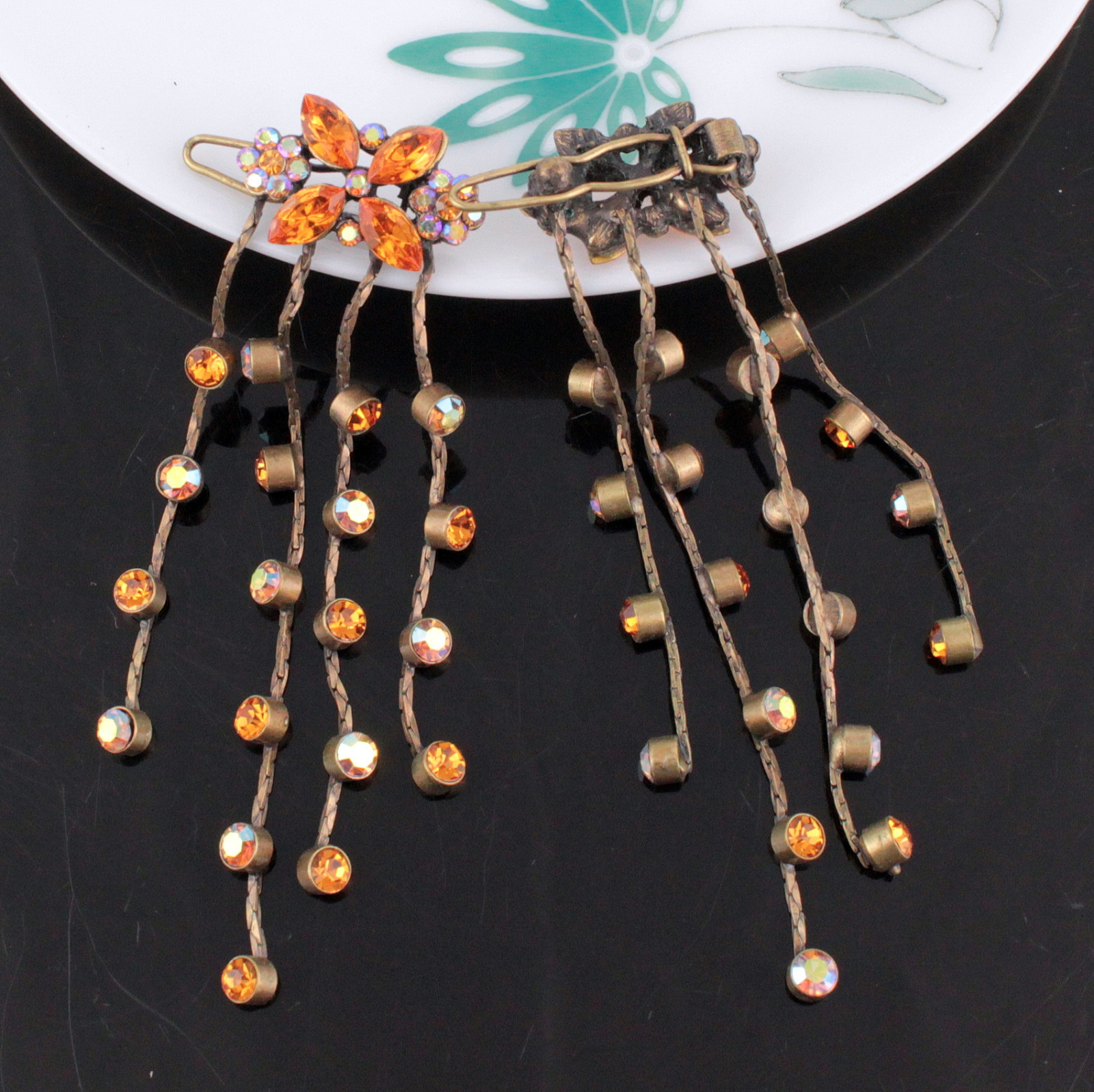 2pcs Dangle Topaz Austrian Crystal Rhinestone Hair Barrette Clips B173t