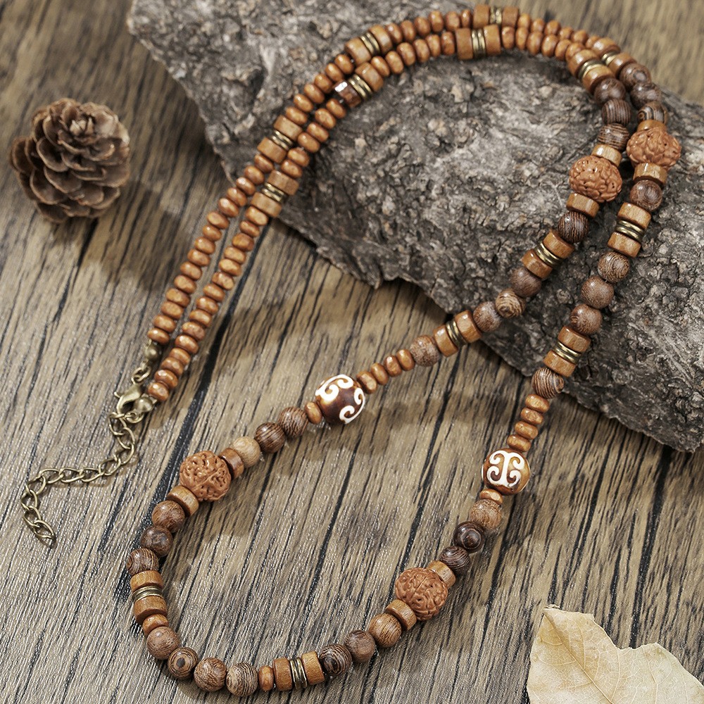 Mens Tigers Eye Multi Stone Walnut Bead Necklace Boho Statement Necklace Choker