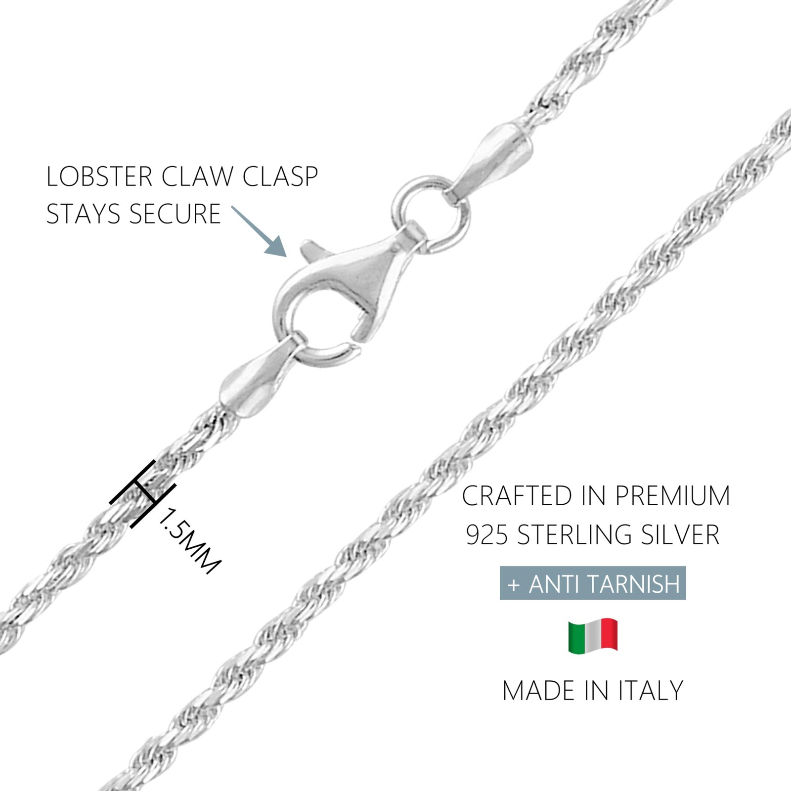 925 Sterling Silver Rope Chain Necklace for Women 1.6mm Diamond Cut