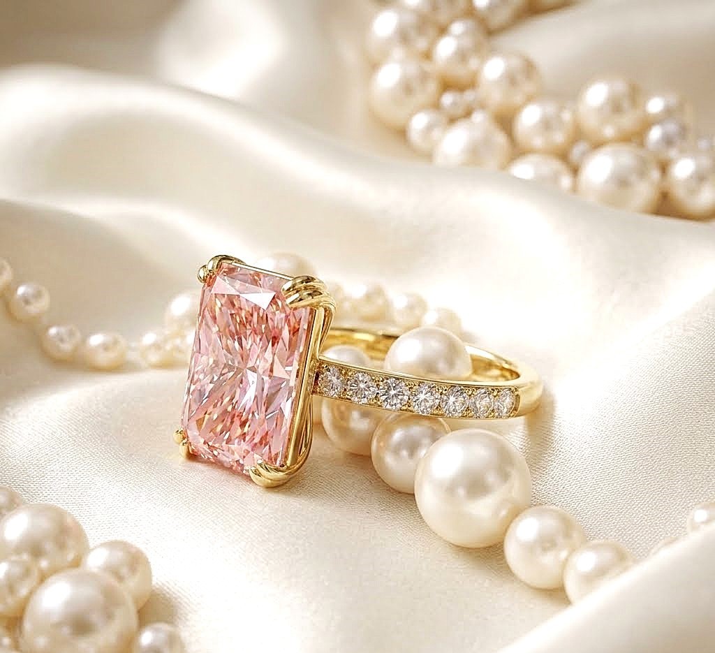 IGI Lab Grown Fancy Vivid Pink Diamond Ring 4.25 Ct Radiant Cut 14k Yellow Gold