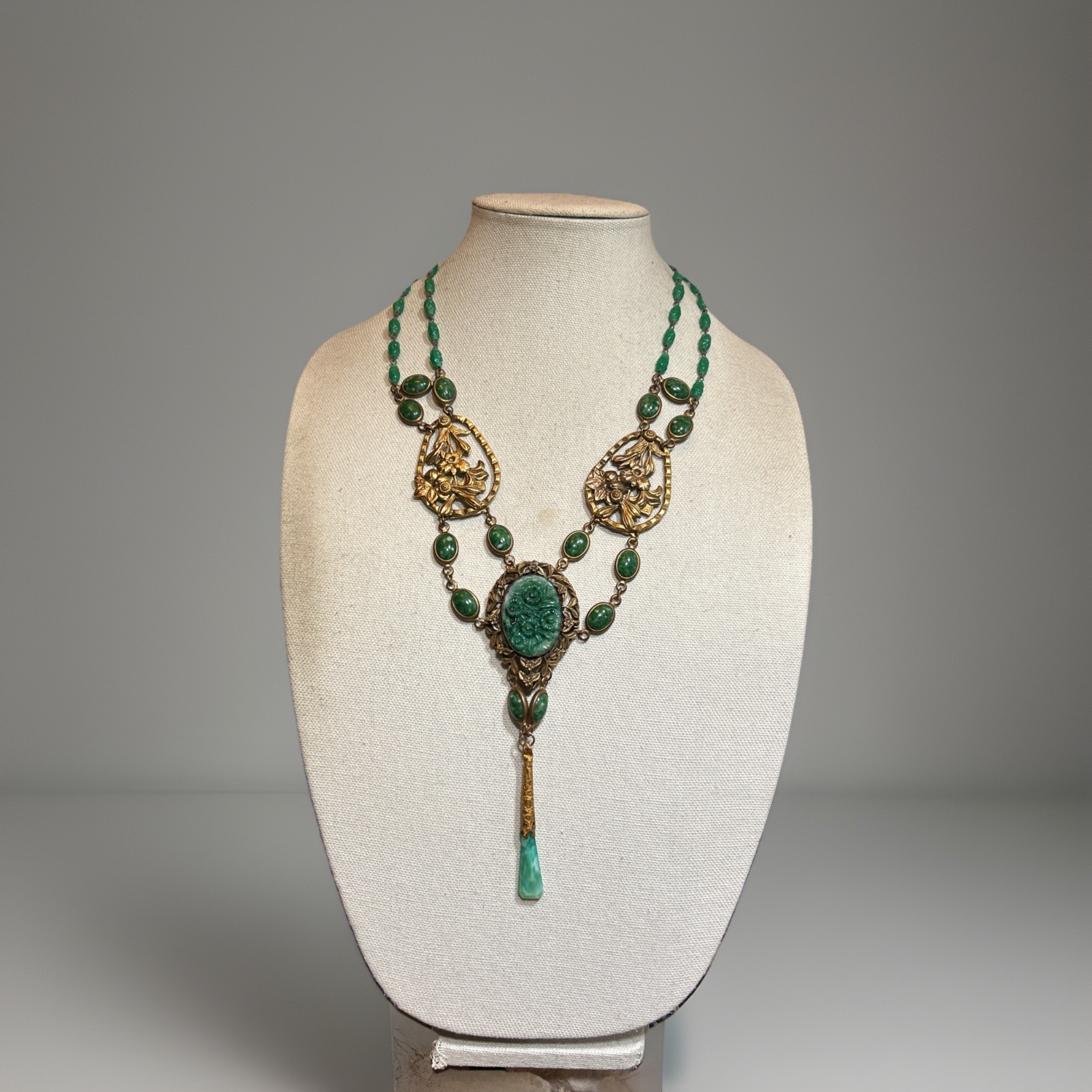 37. Art Deco D. M. S.F. Brass Green Peking glass Statement Necklace 22″, 98.6g