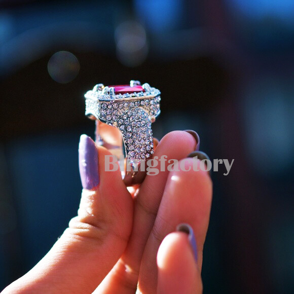 ICED ICY SILVER PLATED ALLOY RED GEM STONE CUBIC ZIRCONIA PINKY SIZE 8 ~ 12 RING