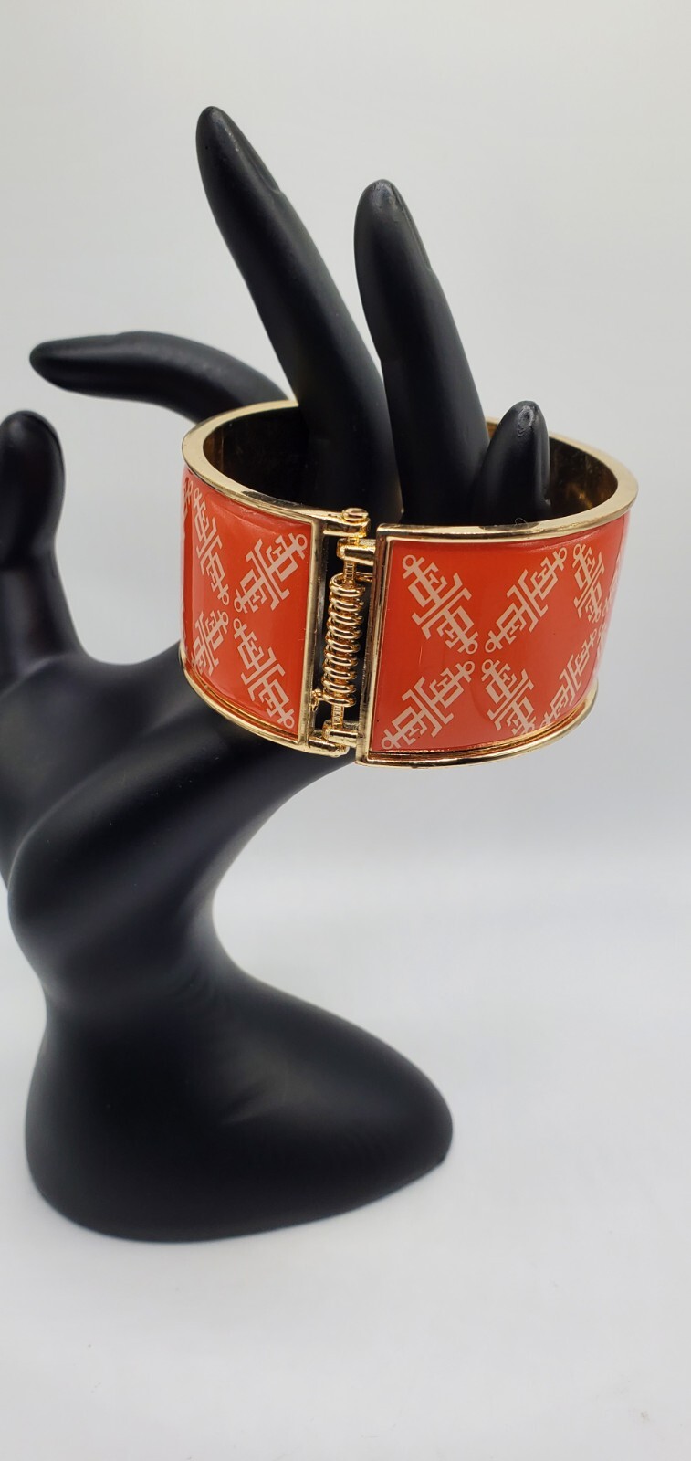 Lands End Gold Tone Orange with White Logo Enamel bangle /Cuff Bracelet