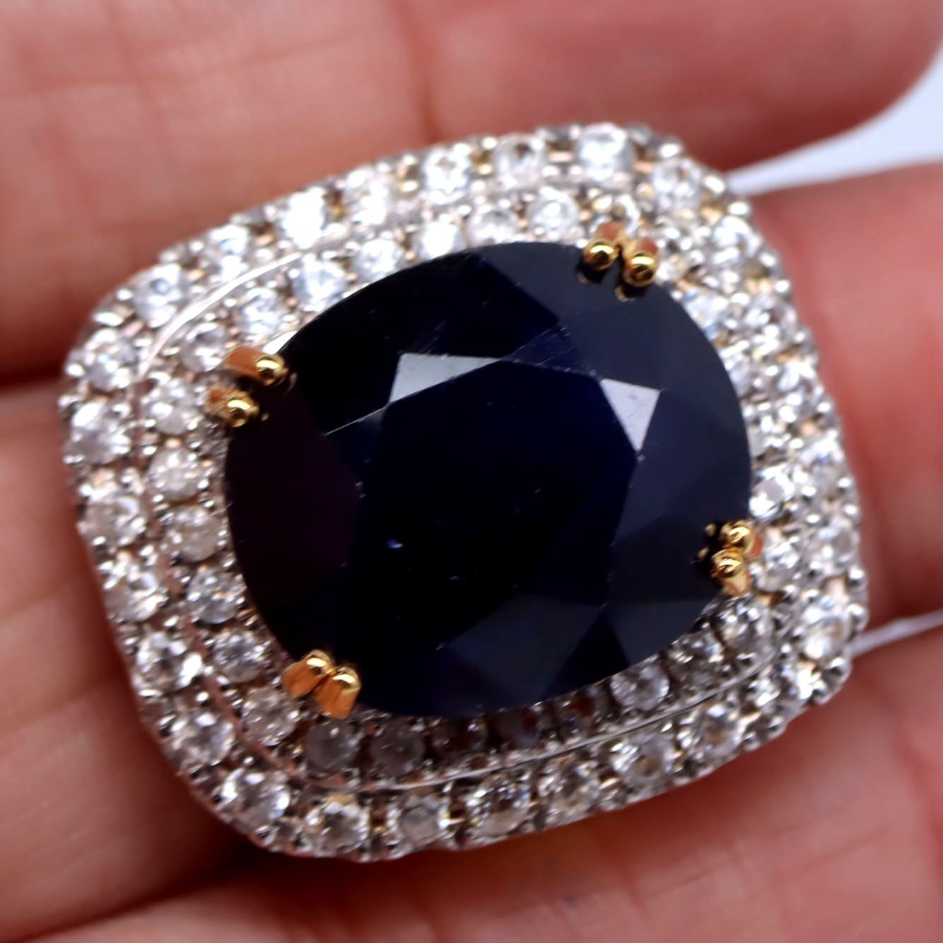 925 Silver 16 x 19 MM. Blue Sapphire & Zircon Birthstone Jewelry Ring Size 8.75