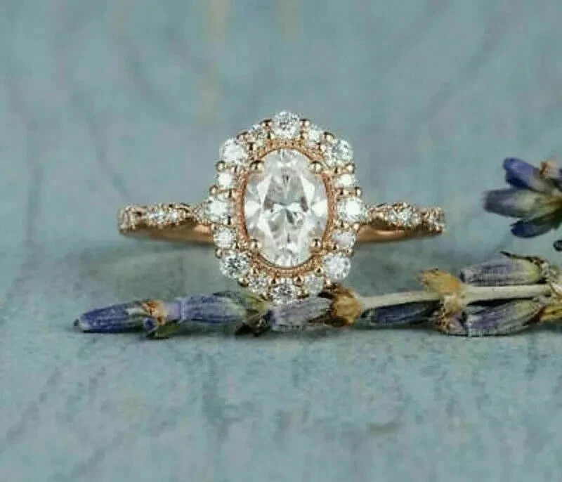 1.25Ct Lab Created Diamond Cluster Halo Engagement Ring 14K Rose Gold Over