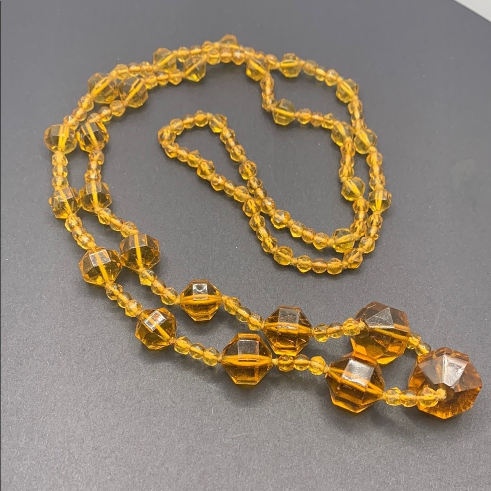 Vintage Glass Beaded Necklace Orange Brown Graduated MCM 32″