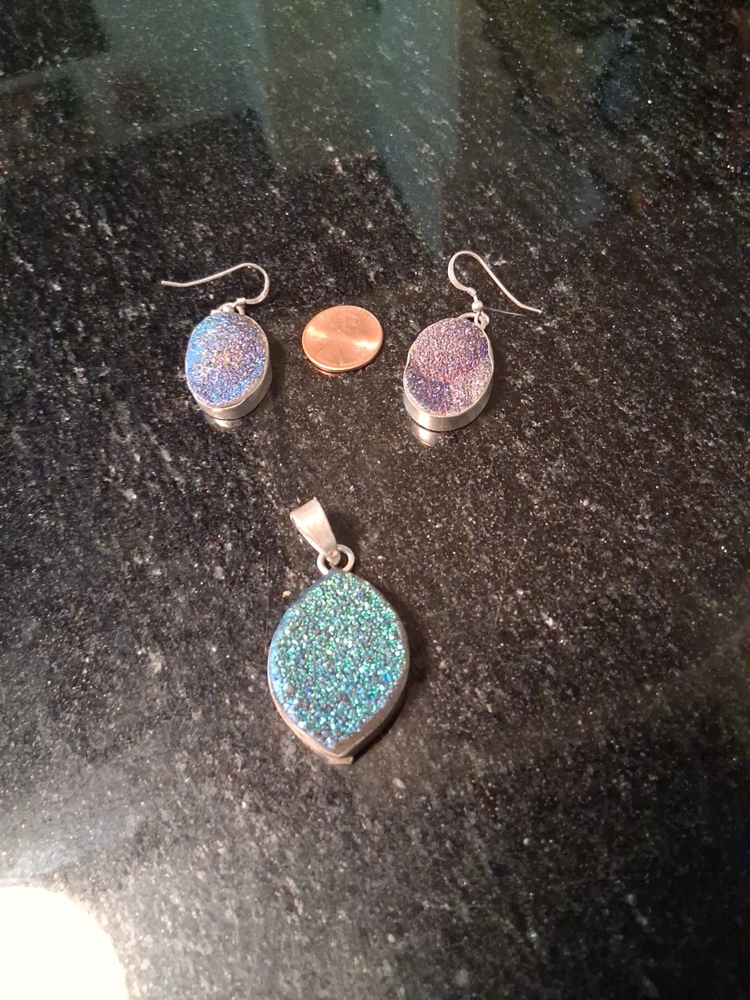 ​Iridescent Blue Aura Druzy 925 Sterling Silver Set 28.5g Pendant/Earrings