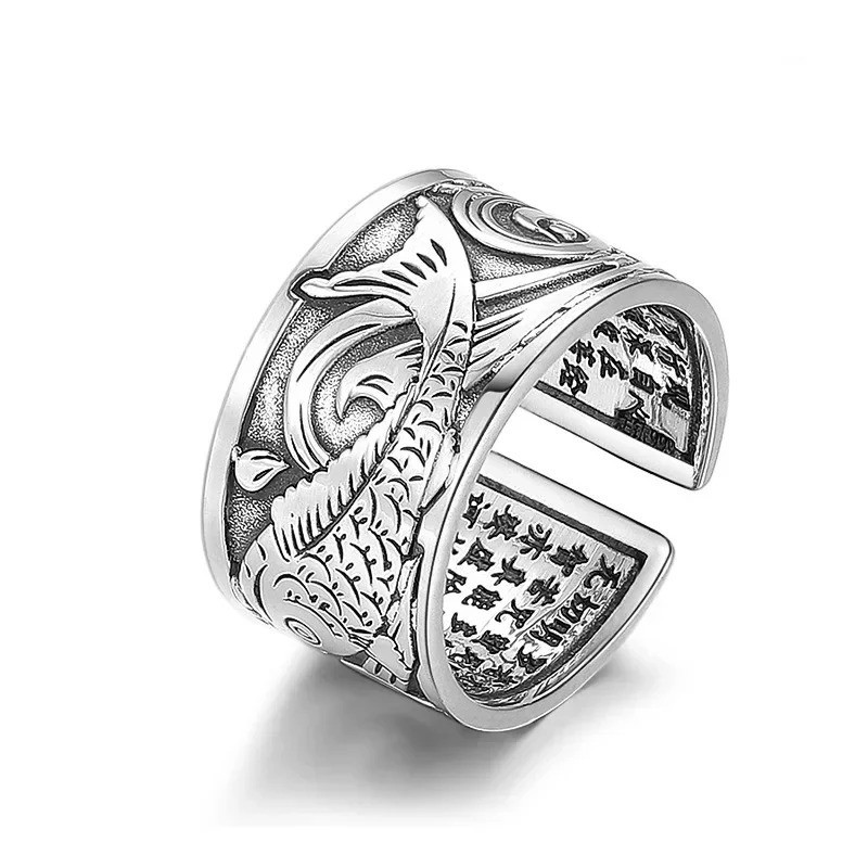 925 Silver Koi Fish Opening Ring Retro Lucky Carp Band Men Women Jewelry Gift