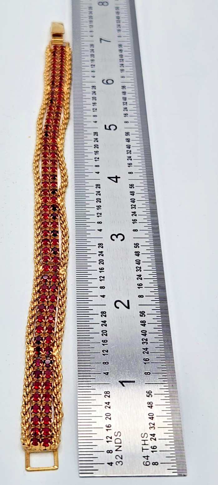 Vintage Gold Tone Red Rhinestone Wide Gate Link Bracelet 7.25″