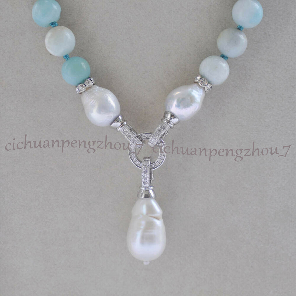 Natural Multicolor Amazonite Beaded White Keshi Baroque Pearl Pendant Necklace