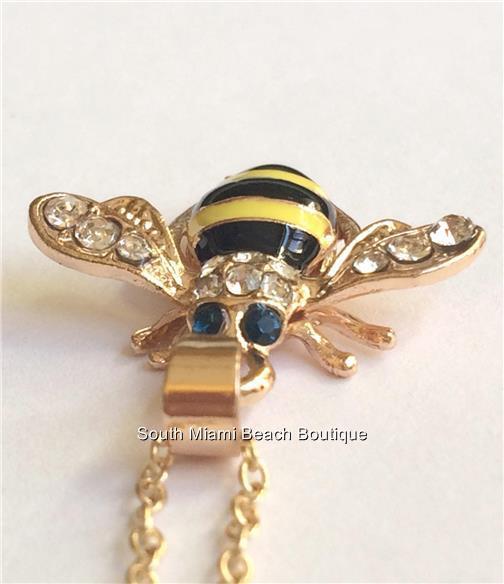 Gold Bumble Bee Necklace 18″ Crystal Insect Queen Bea Plated USA Seller