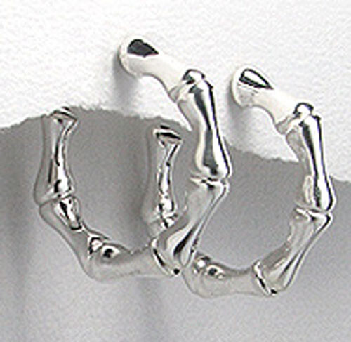 Solid Sterling Silver Shiny Sweet Bamboo Semi Hoop Earrings 1.1″ = 28mm