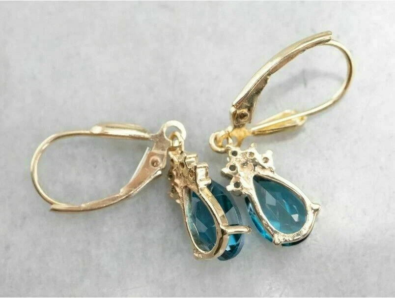 14K Yellow Gold Plated 3Ct Pear Simulated London Blue Topaz Drop-Dangle Earrings