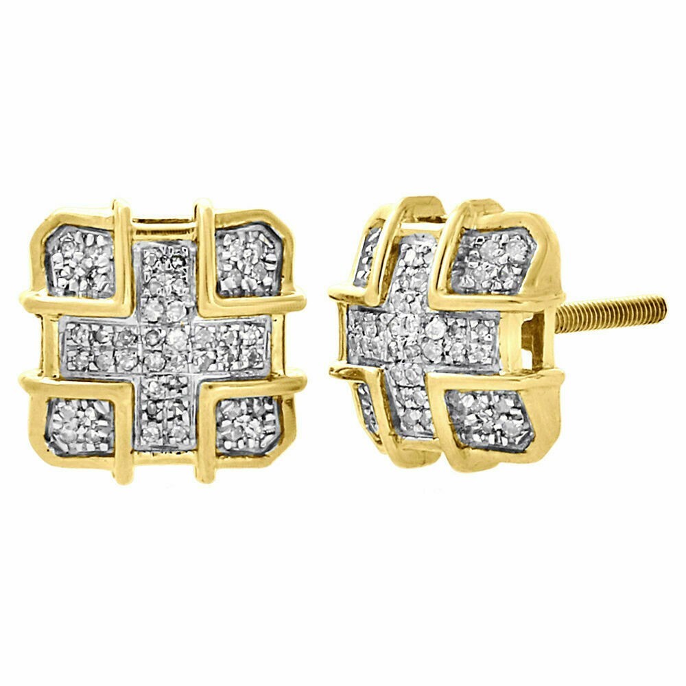 14K Yellow Gold FN Diamond Domed Square 10.50mm Earrings 0.22 Ct. Lab Created