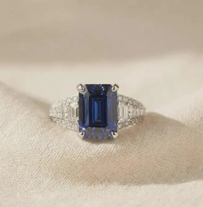Art Deco Blue Sapphire Emerald Cz Engagement Ring Vintage Wedding Bridal Ring