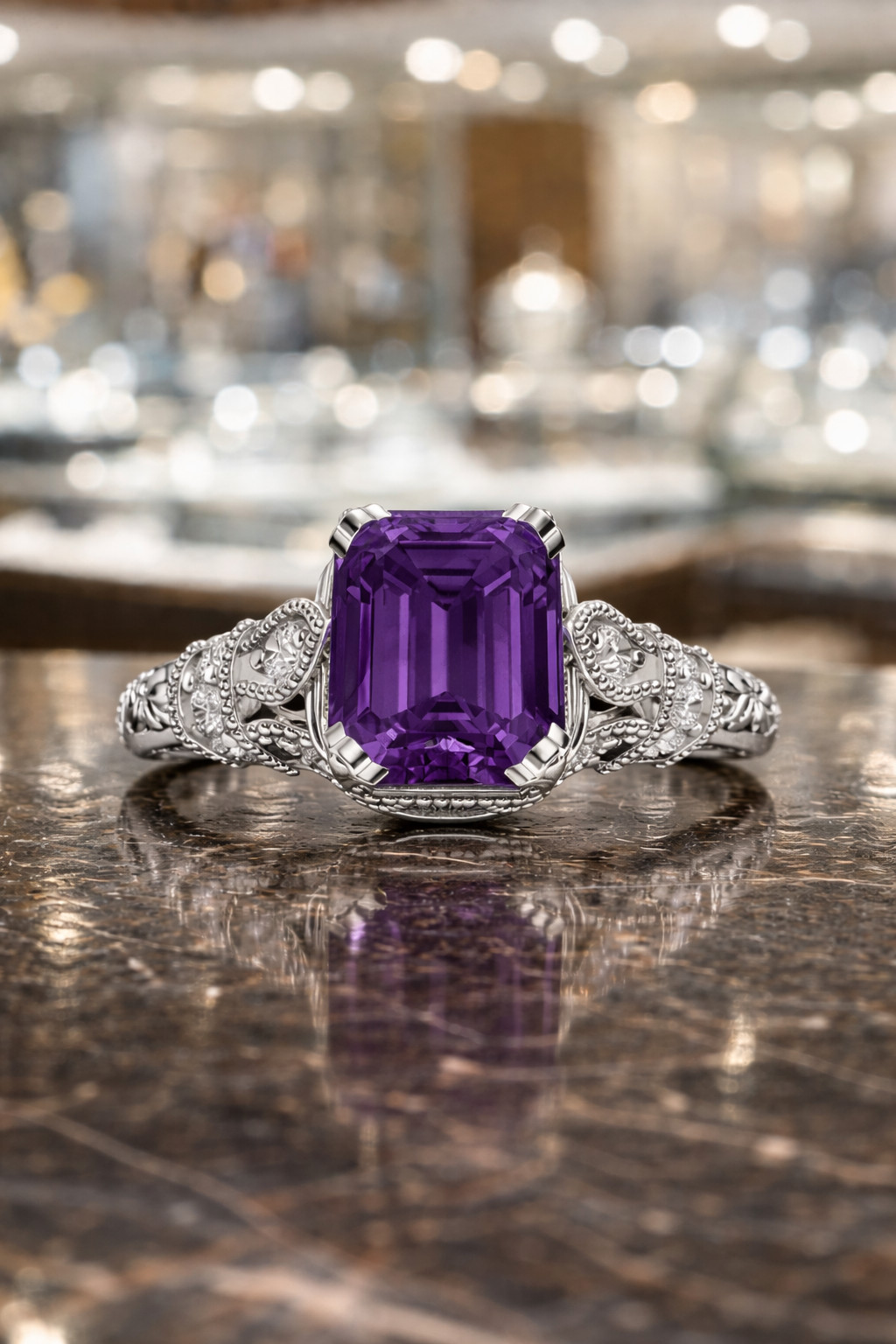 3.20 Ct Emerald Cut Natural Amethyst & Diamond Engagement Ring 14K White Gold 7