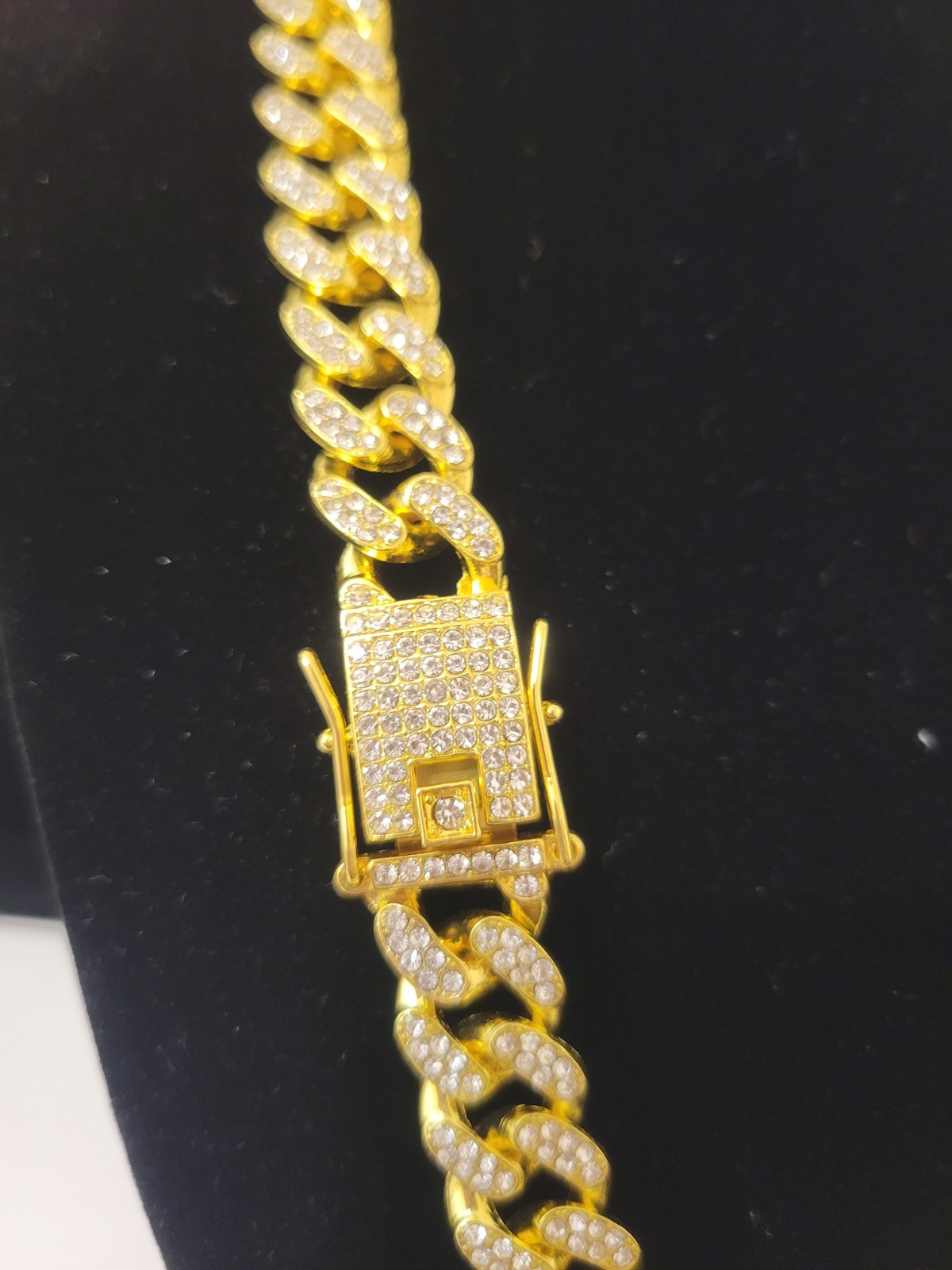 Gold Plated Iced Out Cuban Link Chain Necklace White Crystal Pavé Box Clasp