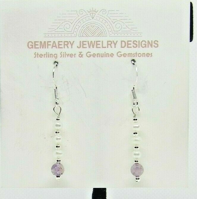 Sterling Silver Natural AMETHYST & PEARL Dangle Earrings #2401…Handmade USA