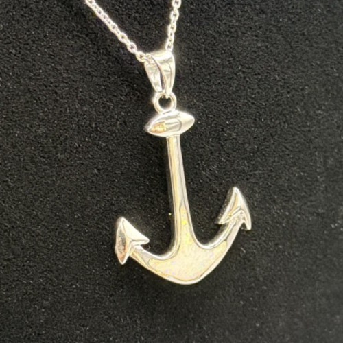 Sterling Silver White Lab Opal Anchor Pendant (No Chain) NWT 3.9g Gift Box