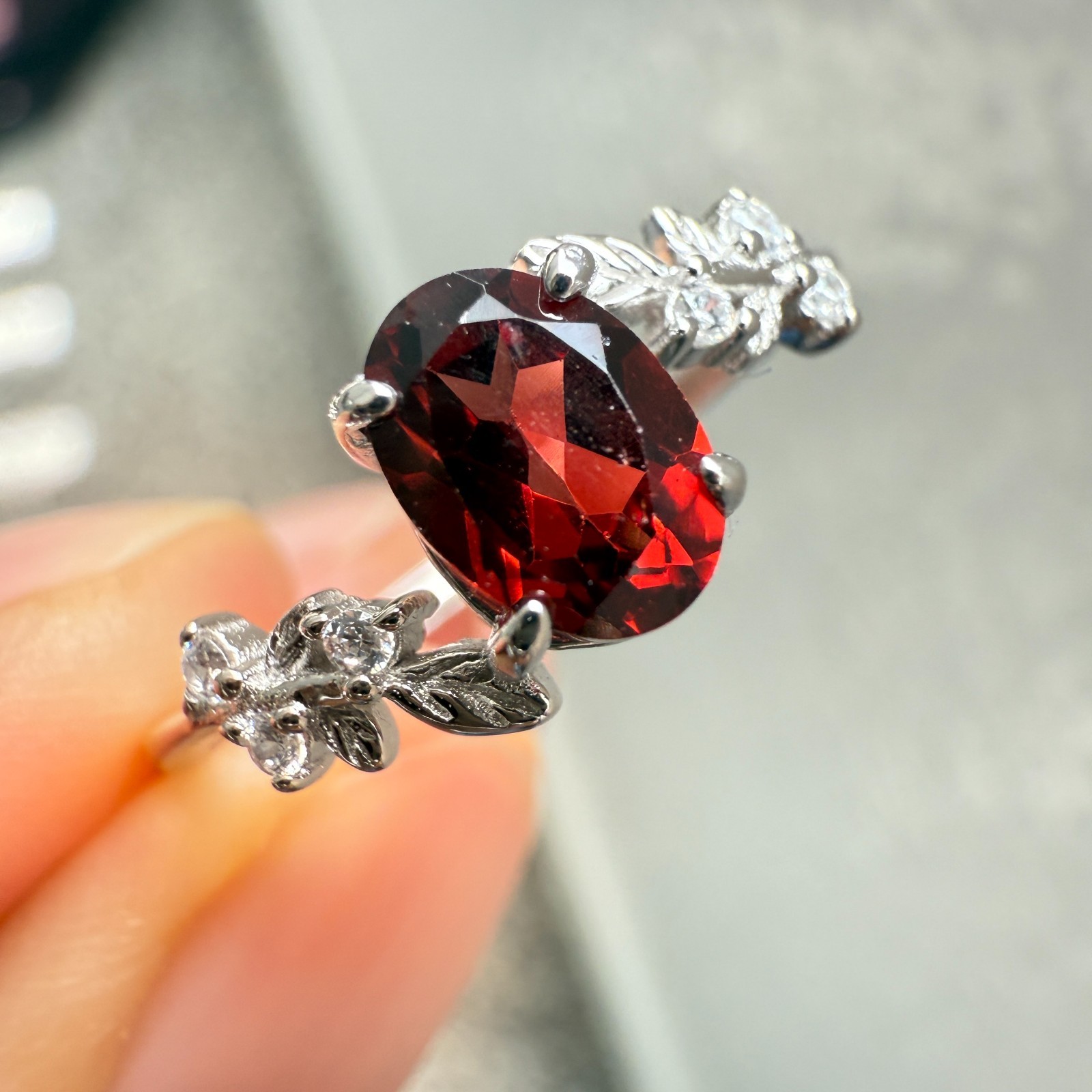 925 Sterling Silver Ring 7x5mm Natural Rhodolite Garnet Gemstone Zircon Flower