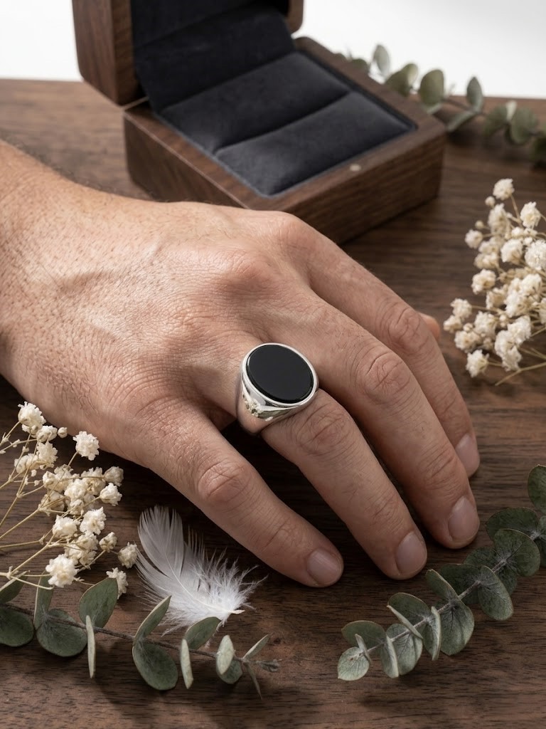 925 Silver Black Onyx Signet Ring Men Oval Flat Minimalist Statement Band Gift