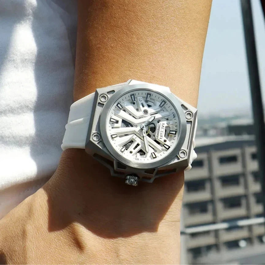 MEGIR Men Automatic Mechanical Watch Skeleton Dial Silicone Strap Waterproof8603