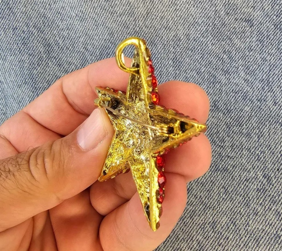 RED CRYSTAL RHINESTONE GOLD STAR PIN BROOCH PENDANT~CHRISTMAS HOLIDAY GIFT
