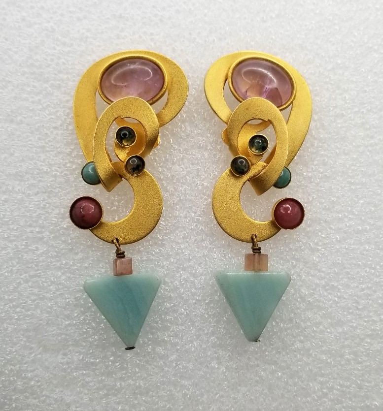 Vintage Gale Rothstein Semi-Precious Stones Gold Plated Dangle Pieced Earrings