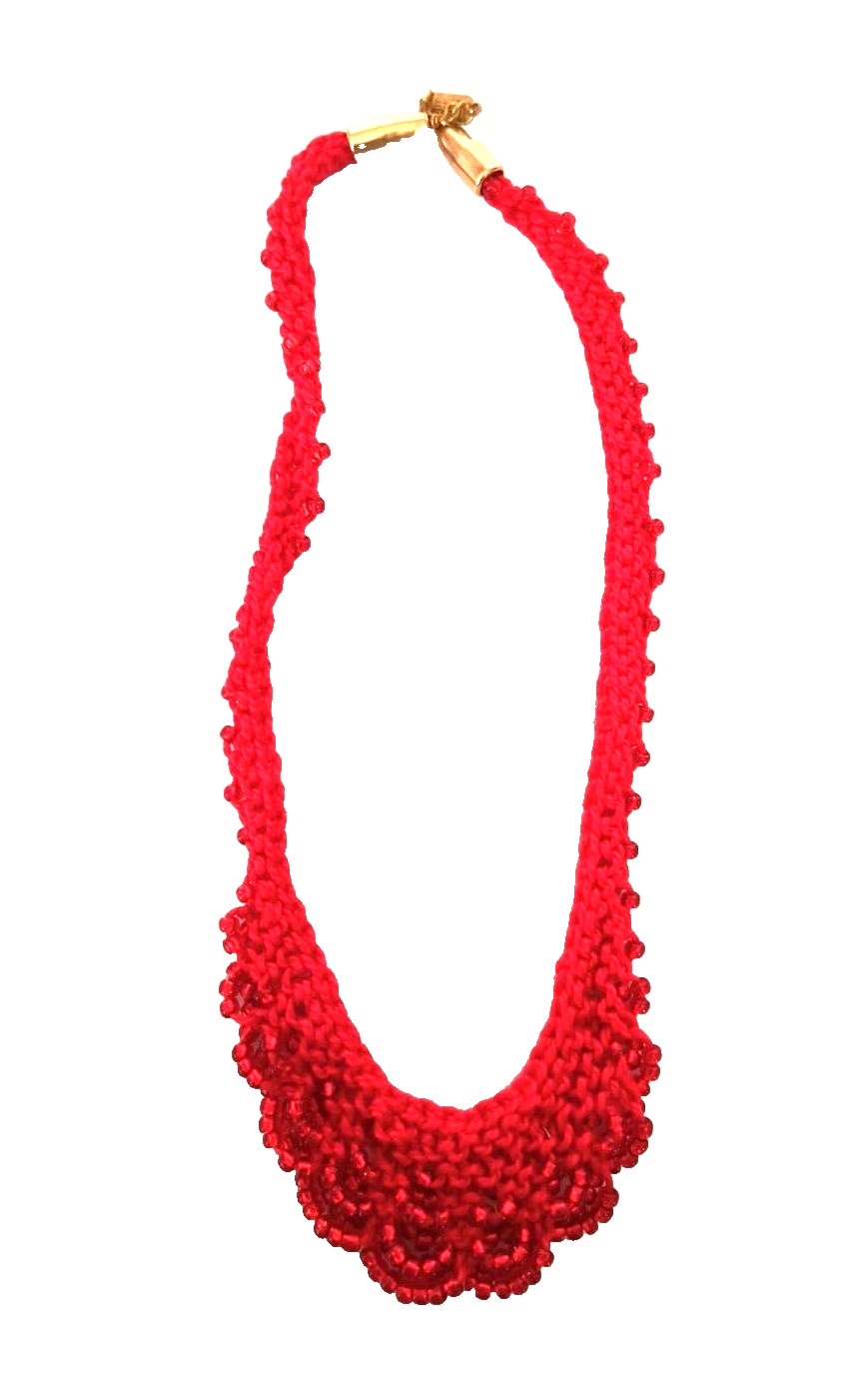 Boho Women’s Choker Style Necklace Red Crocheted Seed Beads Barrel Clasp