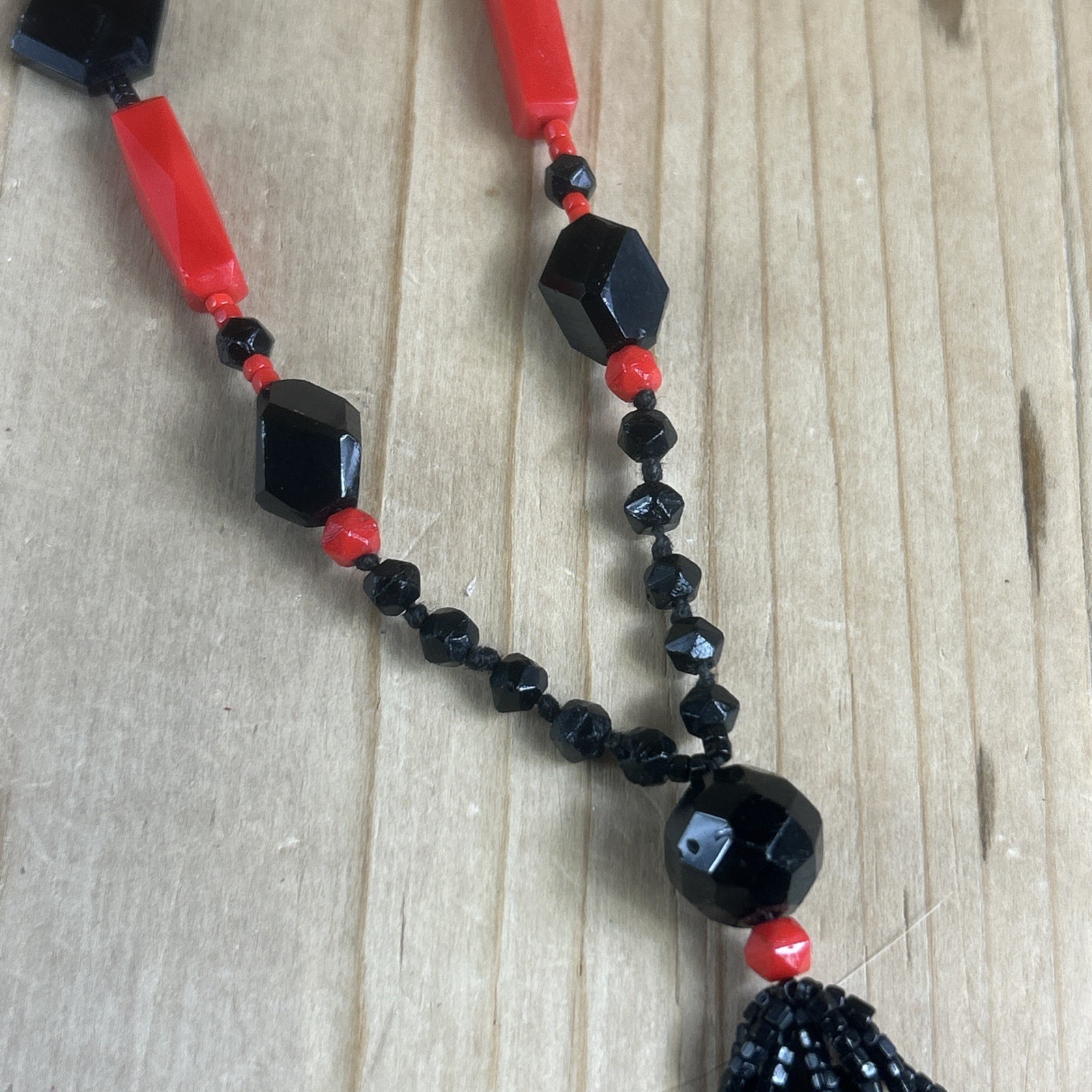 Beaded Tassel Necklace 30” Black Red
