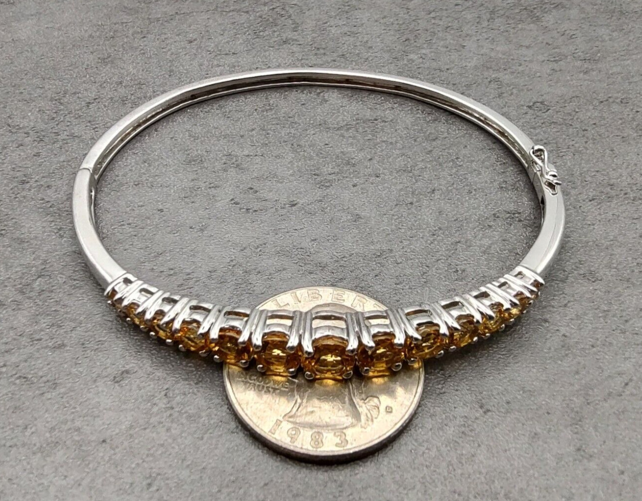 Estate KN Sterling Silver 4.86cttw Natural Citrine Hinged Bangle Bracelet 8.25″