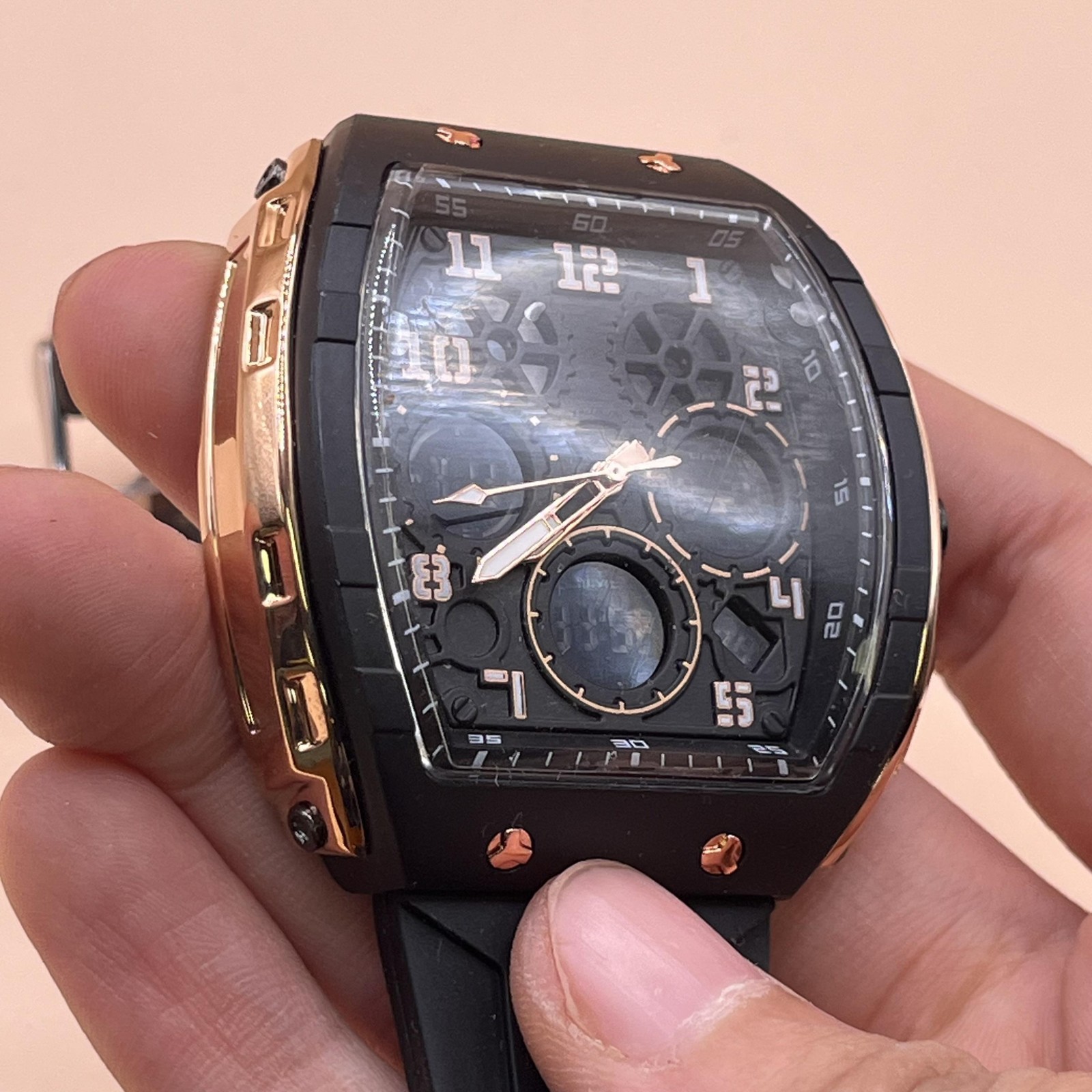 OFNS Watch Mens Black Rose Gold Tonneau Ana-Digi Silicone Strap Quartz S6157