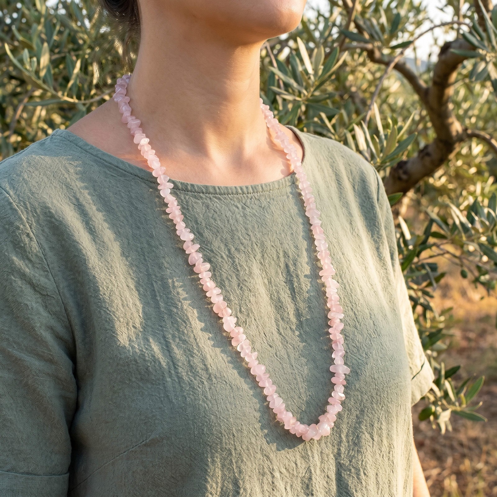 Rose Quartz Sliver Necklace Long Endless No Clasp Gemstone Healing Stone 90cm
