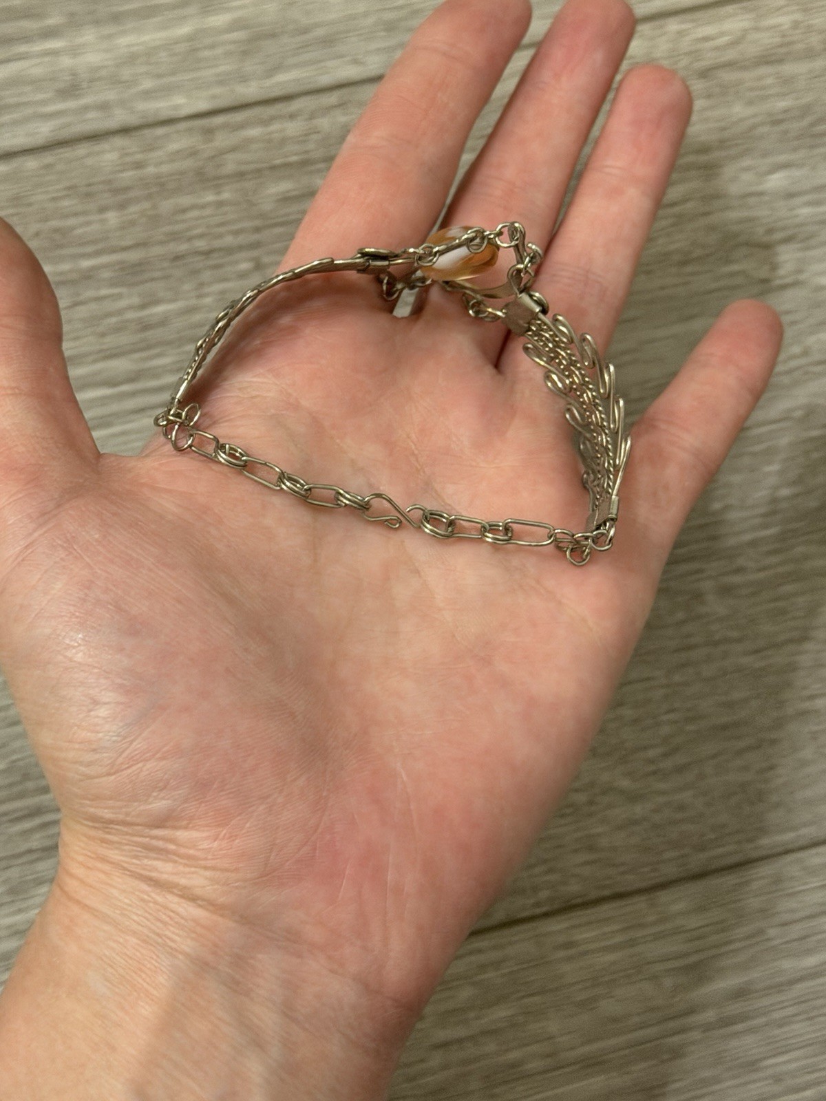 Silver Tone Wire Wrap Cable Chain Bracelet Round Brown & White Stone, 7in