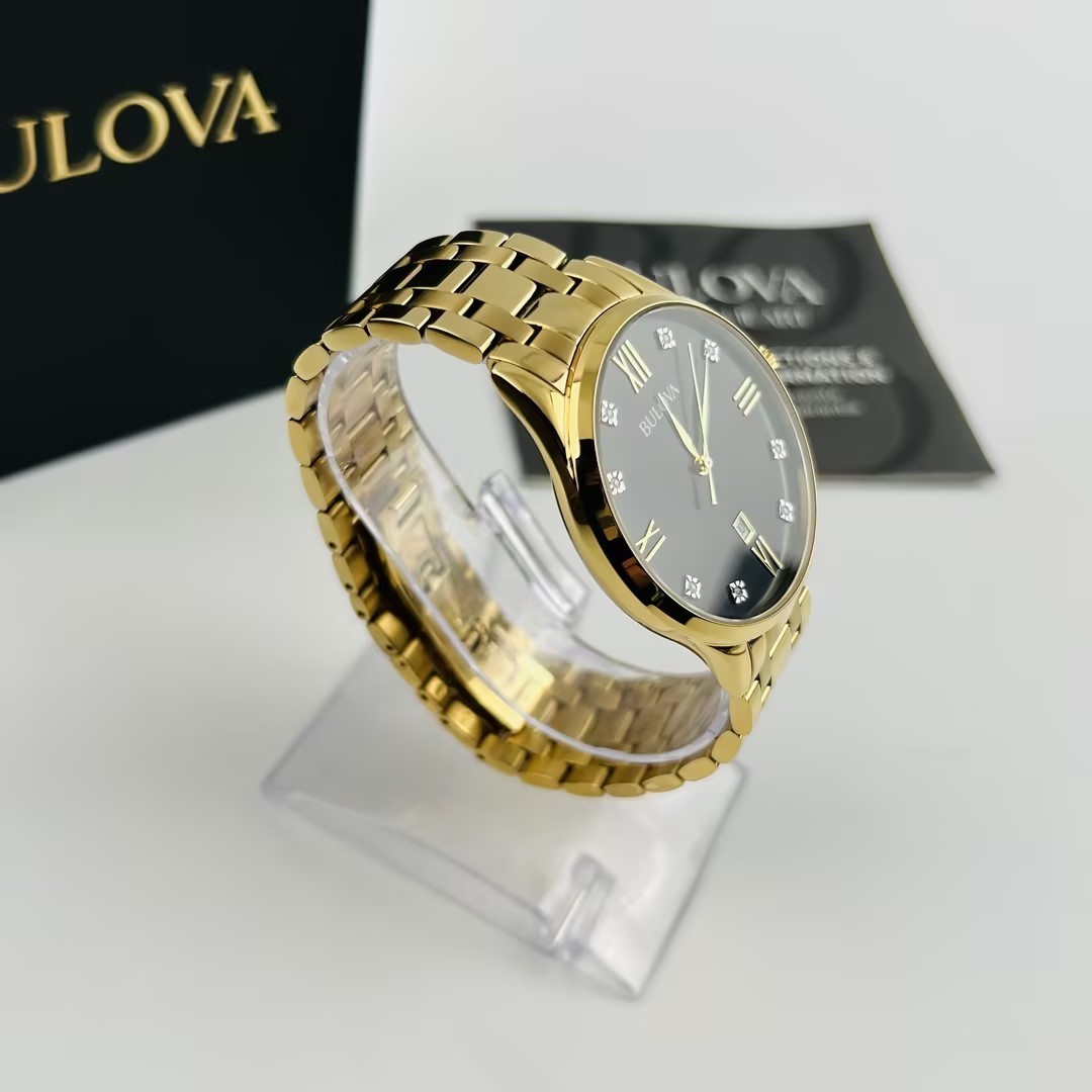 Bulova Classic 97D108 Black Dial Diamond Gold Bracelet Men’s Quartz Watch New