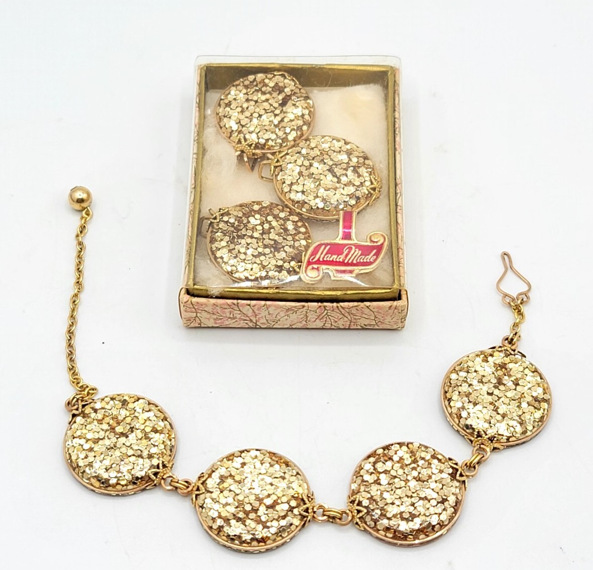 Vtg Rare Set HILLCRAFT Bracelet & Earrings Glitter Lucite Gold Filled Jewelry