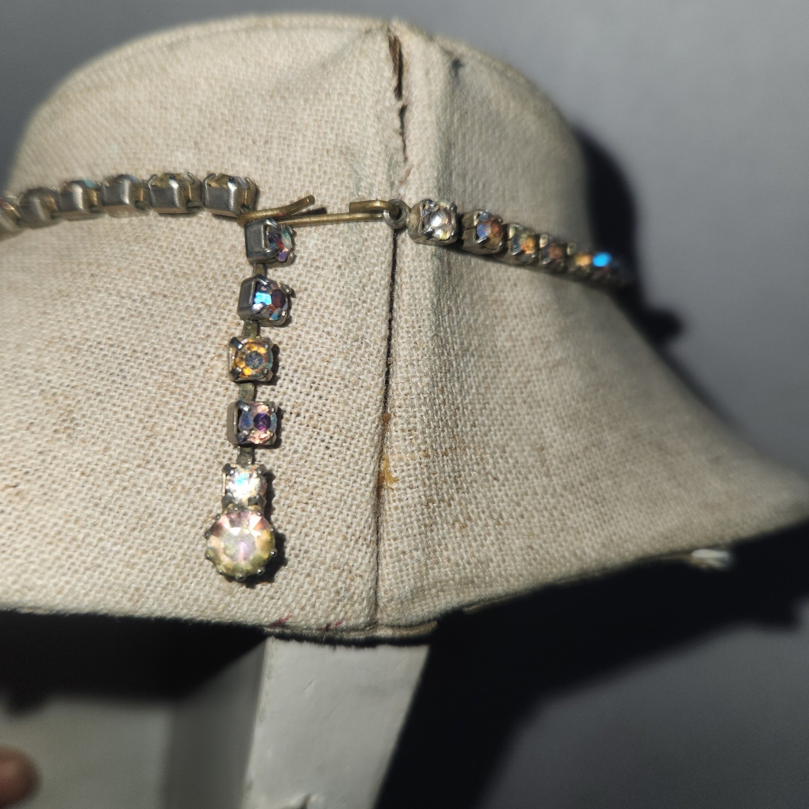 Vintage Aurora Borealis Rhinestone Choker Necklace Silver Tone J-Hook 15.5 Inch