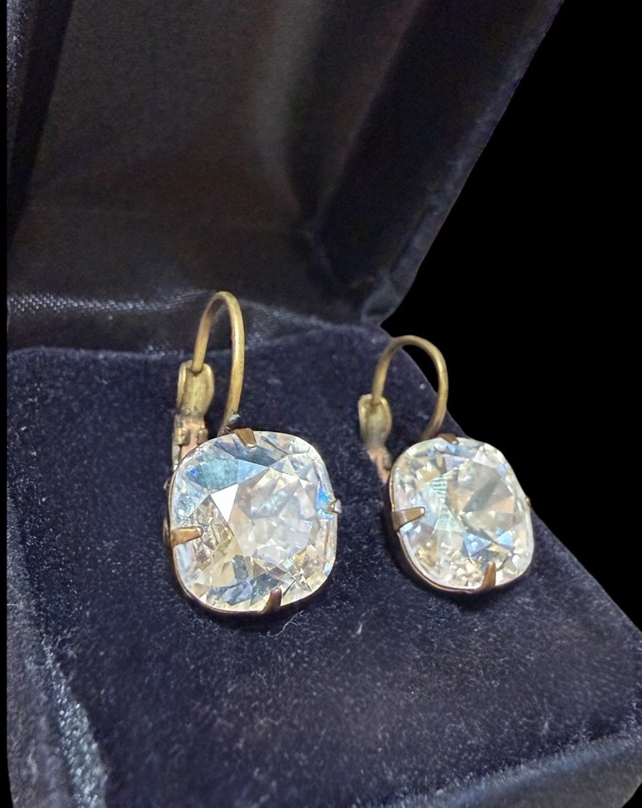 Liz Palacios Crystal Cushion Cut Drop Earrings Gold Tone Signed Statement