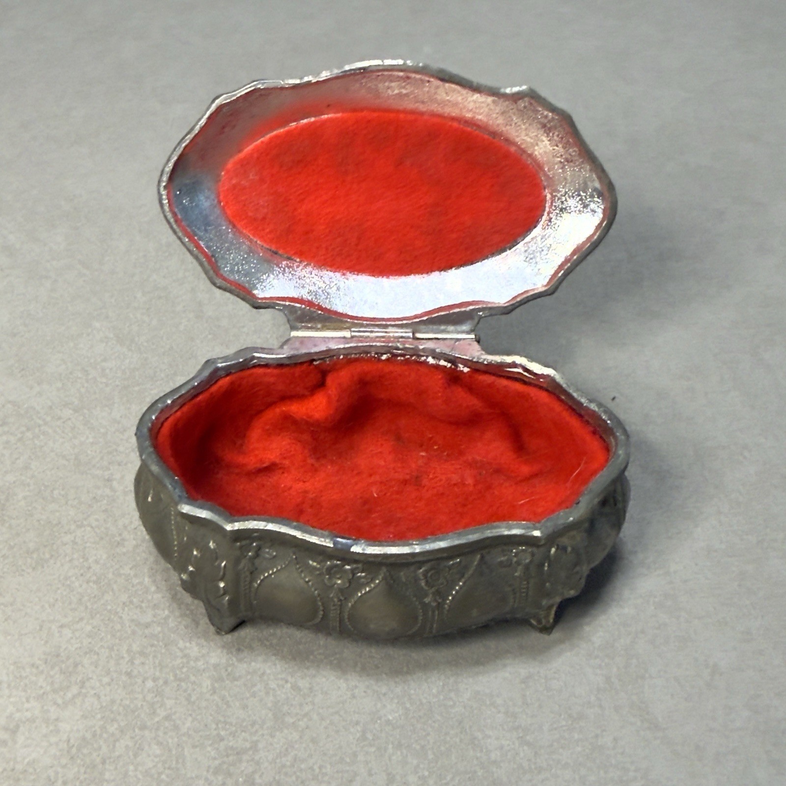 Vintage Japan Rose Trinket Box Metal Jewelry Ring Box Red Velvet Lined Hinged