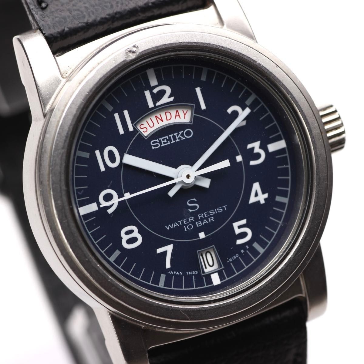 SEIKO SUS Quartz Watch 7N33-6050 Analog Military Navy Dial Stainless Steel 32mm