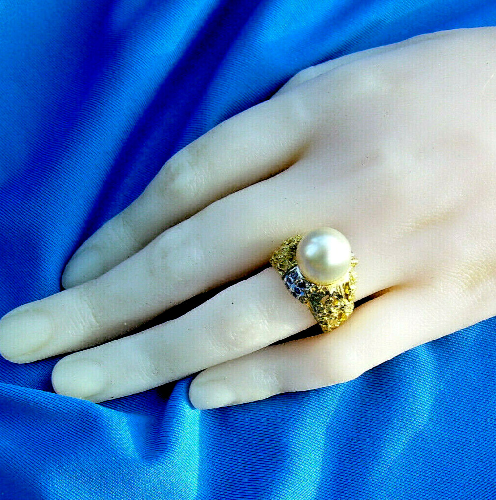 Original Pearl Sapphire Engagement Statement Ring Deco Cocktail Style 14K GOLD