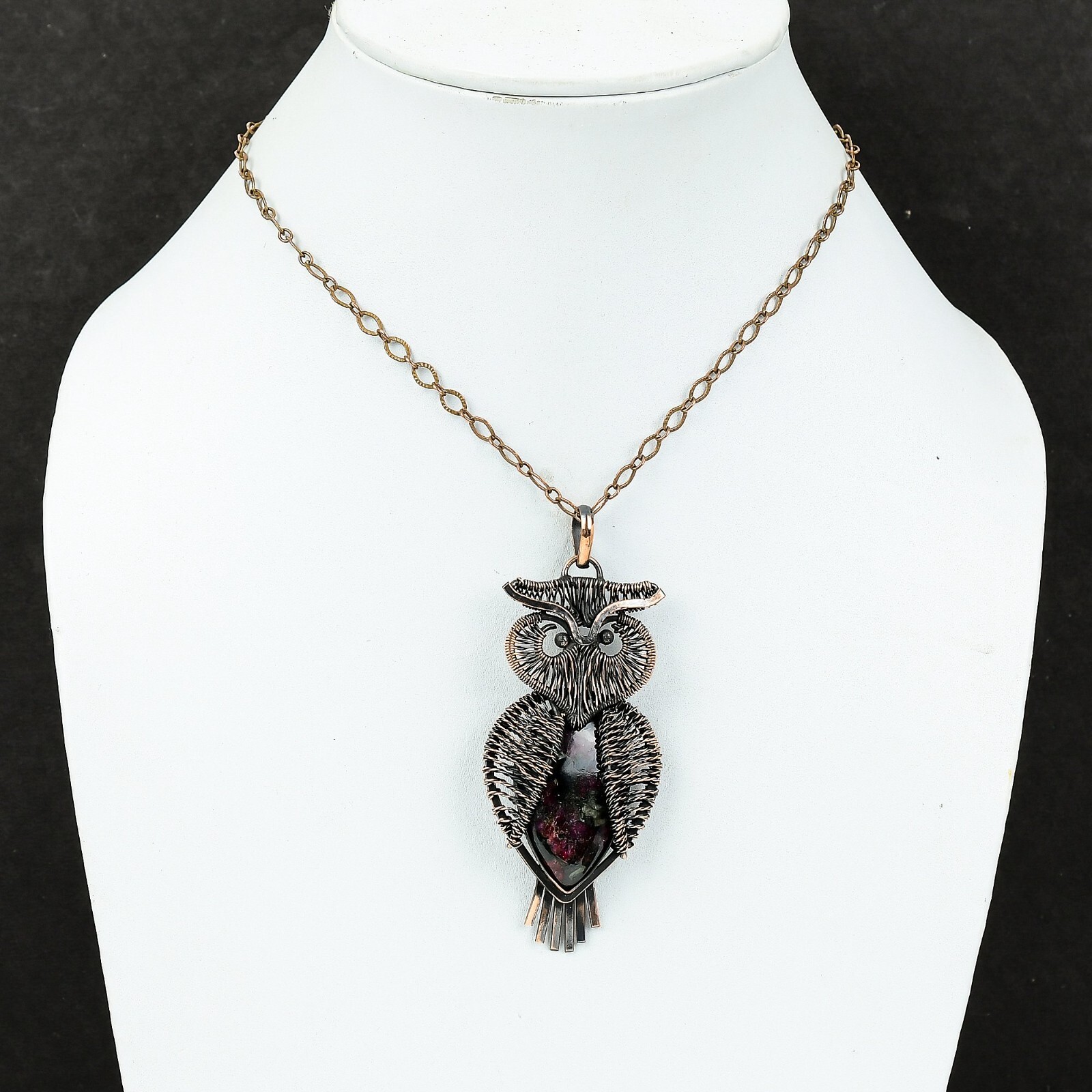 Valentines Sale Eudialyte Stone Copper Wire Wrapped Owl Wedding Pendant Jewelry