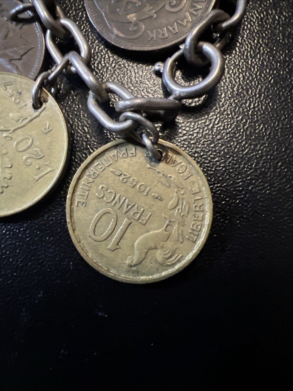 Vintage 835 Continental Silver Coin Charm Bracelet Travel World Coins European