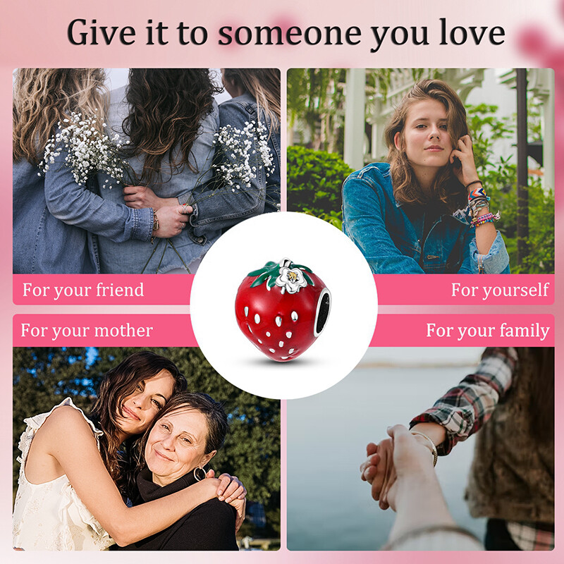 MULA Original Red Enamel Strawberry DIY Charm CZ Fit Bracelet 925 Silver Plated