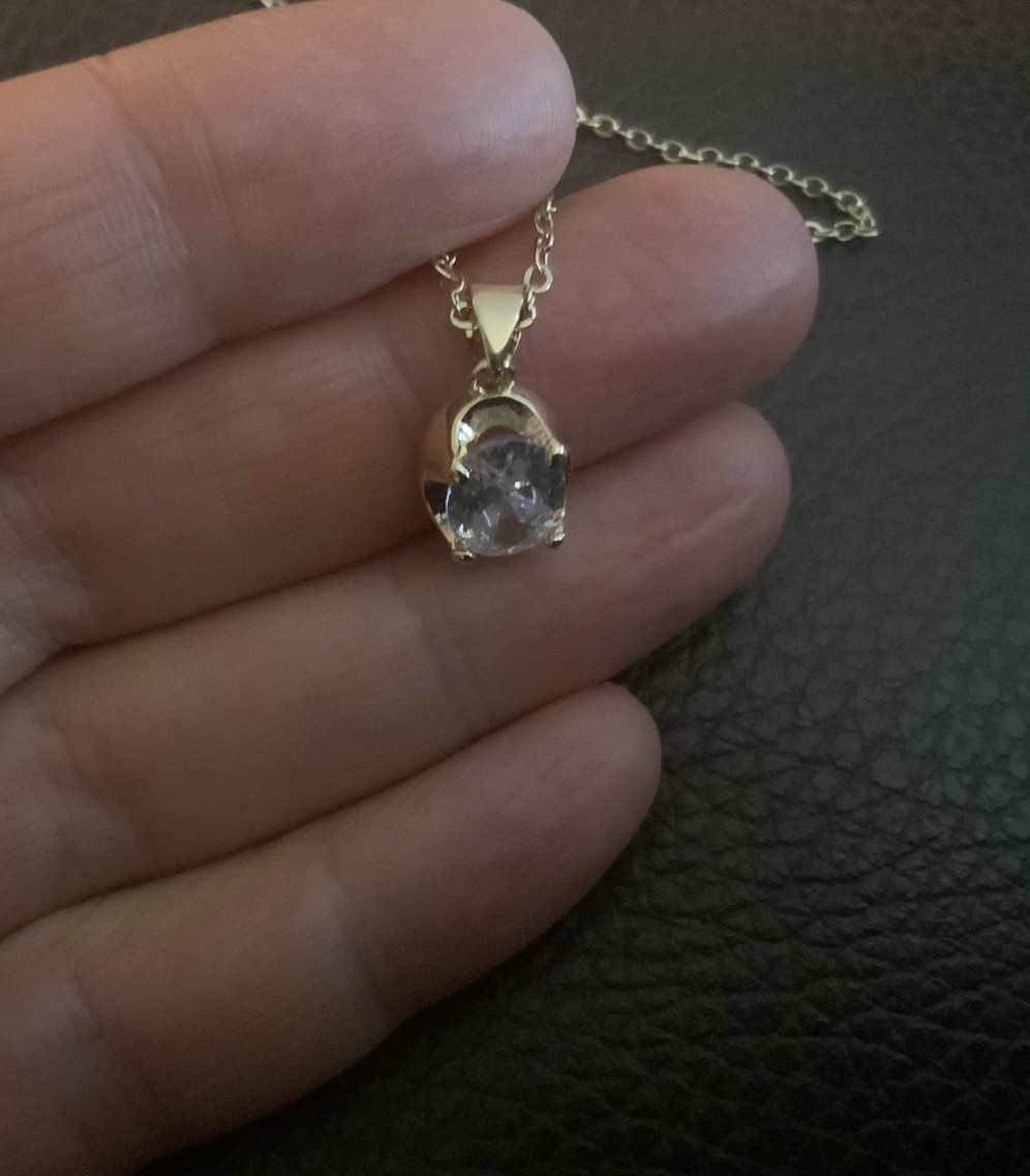 Gold Oval Crystal Solitaire Pendant Necklace Minimalist Mejuri Bezel CZ