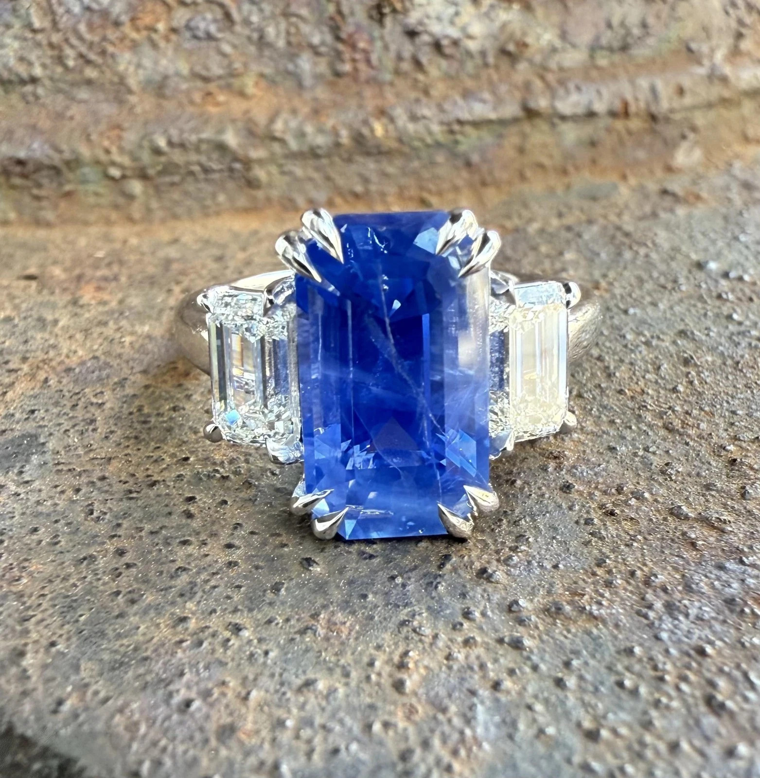 4.80Ct Emerald Cut Natural Sapphire Diamond Wedding Ring 14K White Gold Size 6 7