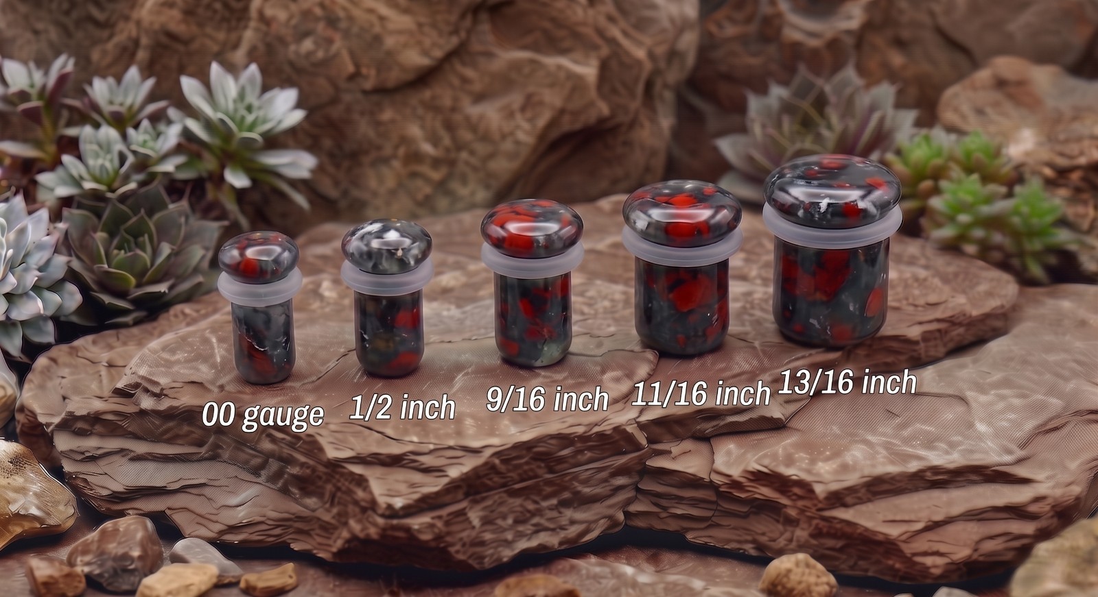 Pair of Chicken Blood Single Flare Stone Ear Plugs Silicone O-Ring Expander E620