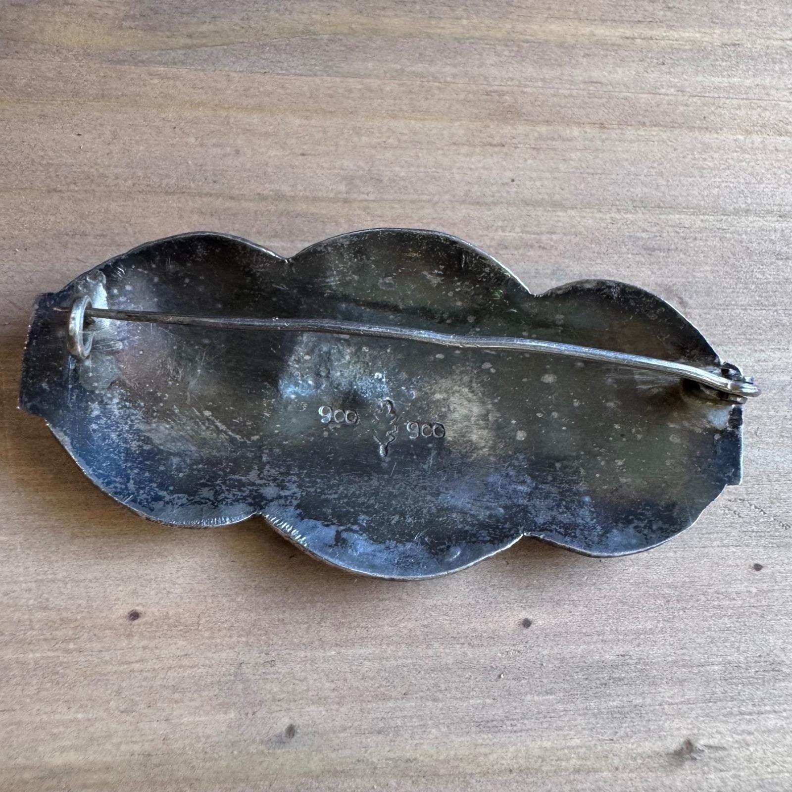 Vintage Peru 900 Silver Brooch Pre-Columbian Incan Deity Figures Leaf Hallmark