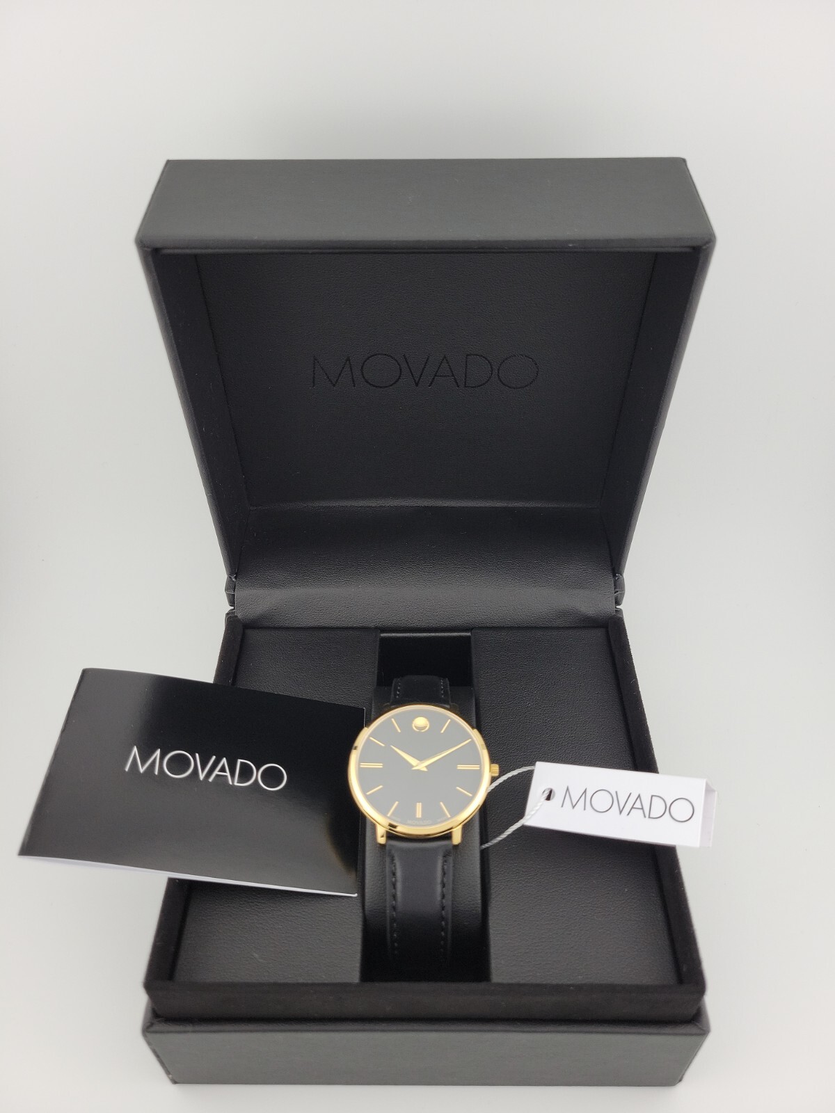 $795 MSRP | Movado Women’s Ultra Slim Black Dial Leather Strap Watch 0607091 NEW
