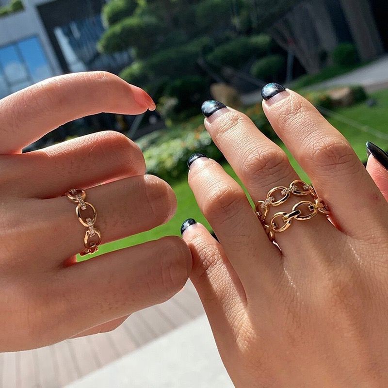ins Fashion Woman 18k Gold Plated Sparkling CZ Chain Shape Band Ring Sizes 6-10